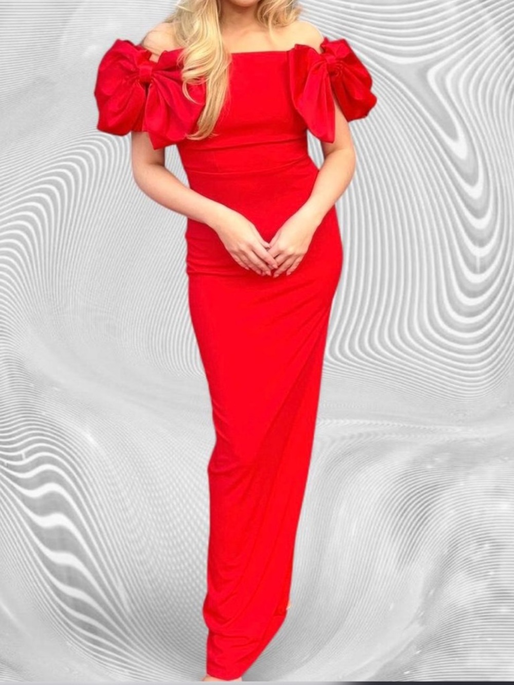B Darlin Red One-Shoulder Gown with Statement Puff Bow Sleeves